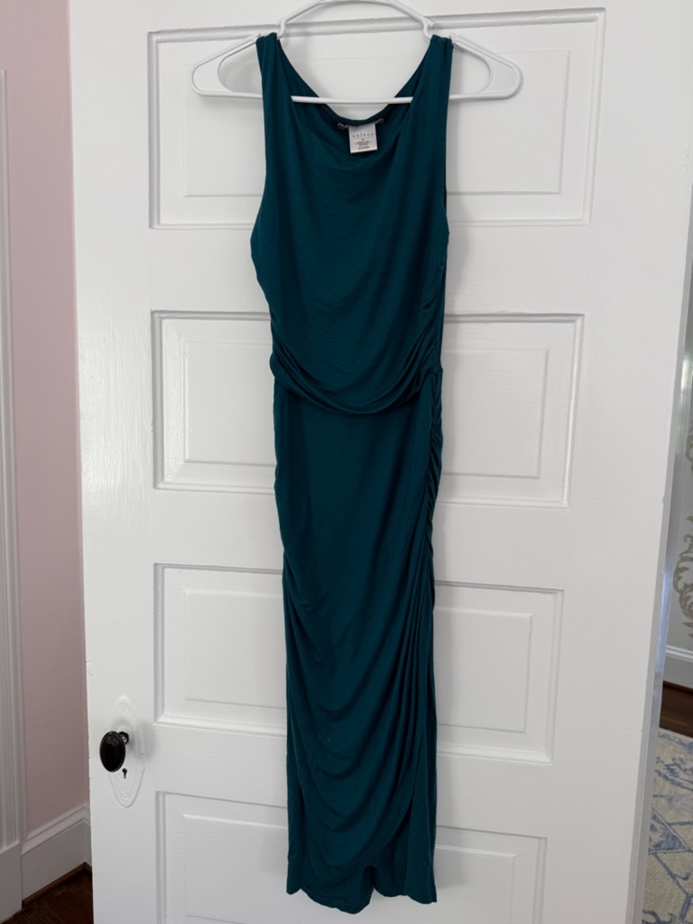 Sleeveless Teal Ruched Midi Dress